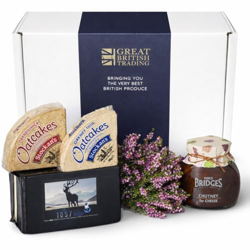Scottish Cheese Gift Hamper with 1KG 1057 Scottish Cheddar, Chutney and Orkney Thin and Thick Oatcakes Crackers. Scottish Food Gift Box Ideal for Any Occasion from GREAT BRITISH TRADING