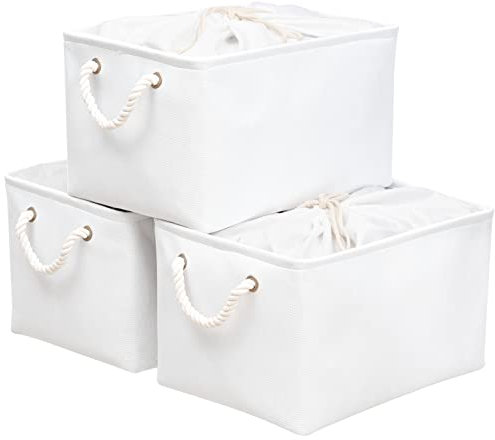 OUTBROS 3 Stück Große Aufbewahrungskorb, 38x28x26cm Stoff Aufbewahrungsboxen mit Kordelzug und Griffen, Faltbare Aufbewahrungsbehälter Ablagekörbe, Weiß