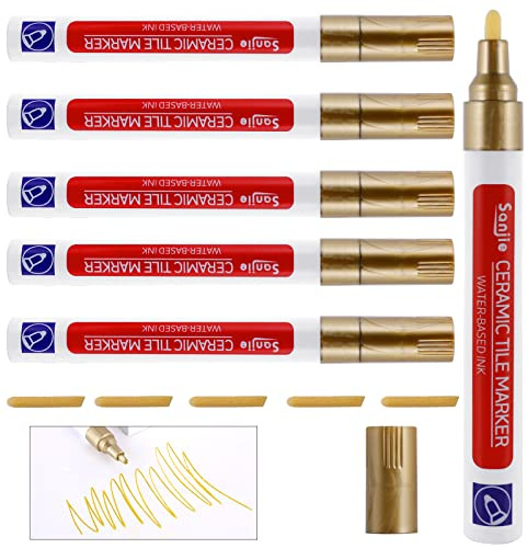 Grout Pens, 6 Pieces Tile Grout Reviver Pens, Restorer Marker Repair Pens | Waterproof Anti-Mould Tile Paint Markers, With An Additional Replacement Tip, Grouting Pen For Bathroom Kitchens (Gold)