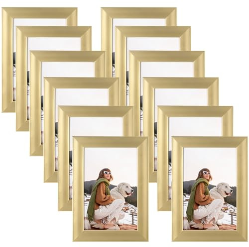 EXYGLO 12er Set Bilderrahmen 10x15 cm für 15x10 Fotos und Bilder, Auffällige Goldene Fotorahmen Collage mit Kunststoffrahmen - Wand- oder Tischaufsteller