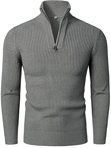 HOOD CREW Herren Strickpullover Mit Reißverschluss Stehkragen Langarm Sweaters Basic Männer Pullover Grau XL