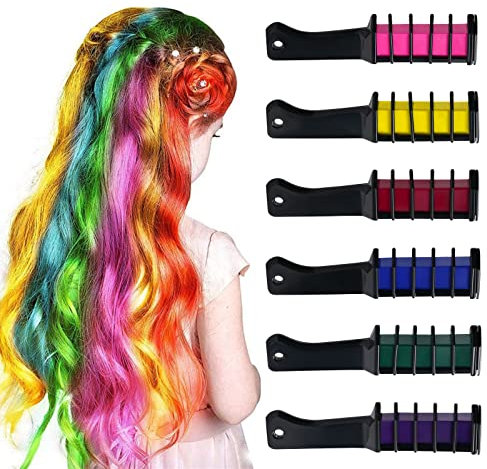 AOOWU Peine de tiza para el cabello de 6 colores, juego de peines de tiza temporales para niñas y niños, seguro, no tóxico, lavable, cepillo de tinte para el cabello, herramienta de teñido de color