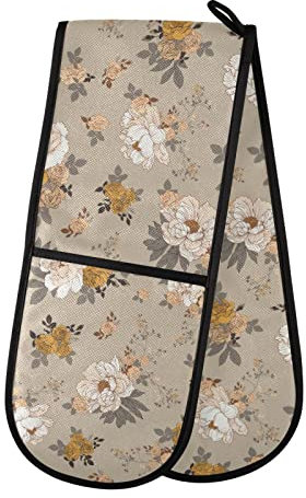Bouquet Pivoines Roses Double Maniques de four antidérapantes Doublure en coton doux avec boucle de suspension pour barbecue, pâtisserie, micro-ondes, 88,9 x 17,8 cm