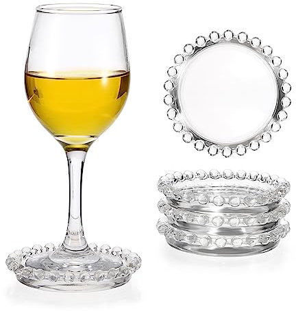 JUXYES Juego de 5 posavasos de vidrio redondos para tazas, posavasos de vidrio transparente para bebidas, café, té, vino, posavasos decorativos para botellas de vino, posavasos de cristal para