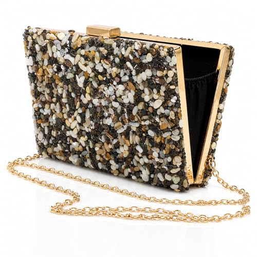 la monsita Clutch de fiesta mujer con pedrería, bolso de mano/cartera de mano para bodas y eventos con cadena dorada
