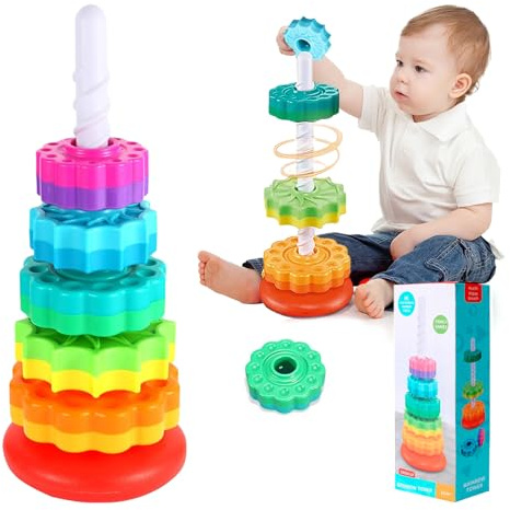 71Nmly Jouet à Empiler Bébé Tour Arc-en-Ciel Rotative dès 12 Mois 5 Disques | Jouet de Motricité avec 5 Disques Rotatifs à Empiler et Trier pour Coordination Œil-Main et Motricité Fine dès 12 Mois