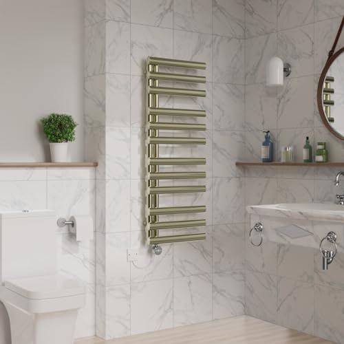 Warmehaus Touch Screen Electric HeatedTowel Rail 1200x450mm Brushed Brass | Oval Panel, 3 Operation Modes, LCD Display, Bathroom Towel Warmer Radiator, Prefilled, Wall Mounted, Mild Steel