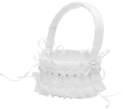 TOPBATHY Blumenkorb aus Spitze Rose weiße Perlen gewobener Korb Cajon hochzeitsdeko Zubehör für Hochzeitsfeiern Spitzenkorb für Blumenmädchen Süssigkeit Blütenkorb Geschenk Container Satin-