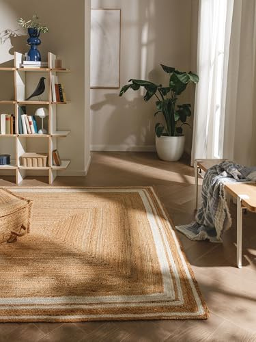 benuta Pure Jute Teppich Jutta - Natur 60x100 cm - Weiße Bordüre - Handgewebter Wohnzimmerteppich - Natürliches Boho Design - Für Fußbodenheizung geeignet