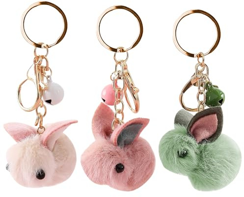 WOKICOR 3 Stück Hase mit Weichem Plüsch Cartoon-Design Kunstfell Kaninchen-Anhänger Süßer Weicher Plüsch-Schlüsselanhänger, Tasche Anhänger, Tier-Schlüsselanhänger (Beige Rosa Grün)