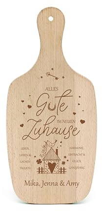 Dekolando Geschenk zum Einzug Schneidebrett graviert personalisiert Einweihungsgeschenk Neues Haus - Alles Gute im neuen Zuhause - Holzbrett Wunschnamen 34 x 15 cm