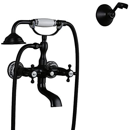 Badewannen-Mischbatterie im Retro-Stil im viktorianischen Stil mit Duschaufsatz, schwarze Badewannen-Dusche, Heiß- und Kaltwasserhahn mit Kreuzgriff, Badezimmer-Duschmischbatterie für die Badewanne