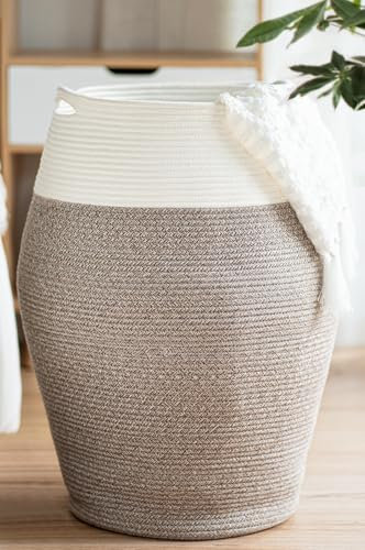 TIMEYARD Wäschekorb Groß, 105 L Wäschesammler, Aufbewahrungskorb, Korb Geflochten aus Baumwolle Seil für Schmuzige Kleidung in der Waschküche, 65cm hoch, Weiß und Braun