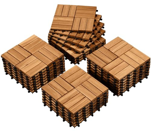 Yaheetech Holzfliesen Akazie 30x30 cm, 27er Set-ca. 2,6 m² Leicht Verlegbar Terrassenfliesen Balkonfliesen Klicksystem, Wetterfest Bodenfliesen Gartenfliesen für Terrasse, Balkon & Garten, Holzfarbe