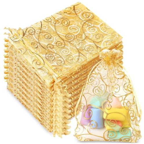 100 Stück Gold Organzasäckchen, Druck Organzasäckchen 9x12 cm Organza Säckchen mit Kordelzug, Schmuckbeutel Organzabeutel, Wiederverwendbar Geschenksäckchen Für Festival Party und Hochzeit, Satin-Kord