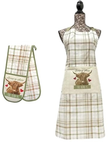 B4E Highland Cow Herd 100% Cotton Double Oven Gloves and Apron Set