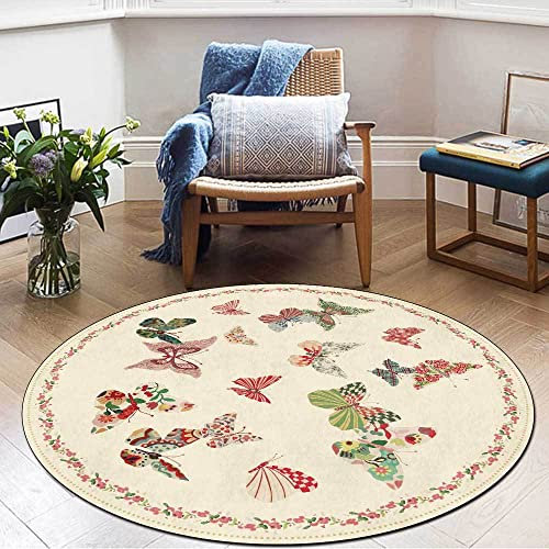 SJHDHDA Runder Neuer waschbarer Wohnzimmerteppich ø 80 cm Rutschfester Akzentteppich Schlafzimmer Esszimmerteppich Weicher Kurzflorteppich Vintageteppich Schmetterling Beige Learned extensively