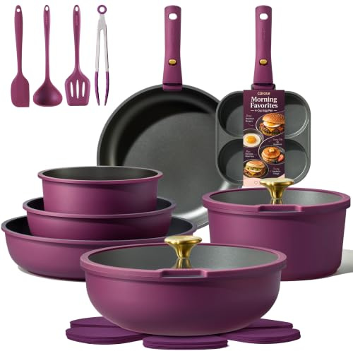 CAROTE 21pcs Pots and Pans Set, Nonstick Cookware Set Detachable Handle, Induction Kitchen Cookware Sets Non Stick with Removable Handle, RV Cookware Set, Gold and Purple