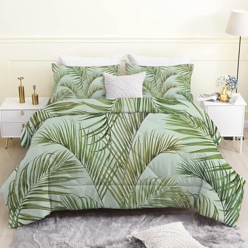 Bettdecke 200x220 Ohne Bezug Nutzbar, Von Palmblättern Bettdecken Waschbar Ganzjahresdecke Grüne Pflanzen 4 Jahreszeiten Steppdecke, Bettzeug Microfaser mit 2 Kissenbezug für Sommer Winter Doppelbett