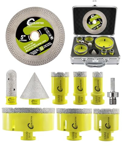 SANLEETEK Diamant Fliesenbohrer Set Diamant Lochsäge Set Diamand Bohrkrone | 10Stücke (20/25/35/50/68/100mm+20Fingerfräser+50Fasenbohrer+125mm Trennscheibe X +Adapter) Porzellan Fliesen Marmor Granit