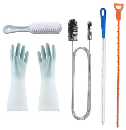 Drain Unblocker Tools, Sink Unblocker Cleaning Brush, 6 pcs Extended Drain Snake Pipe Cleaners Set with Household Rubber Gloves Plastic Brush for Kitchen Bathroom Shower Plug Hole