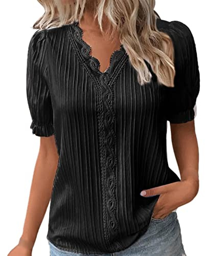 Blusa da Donna Elegante Festiva a Maniche Corte con Scollo a V, Elegante Top Curvy con Pizzo, T-Shirt Elegante, Grandi Taglie, Camicia Estiva da Donna, Bluse da Donna Tinta Unita, Camicetta Casual