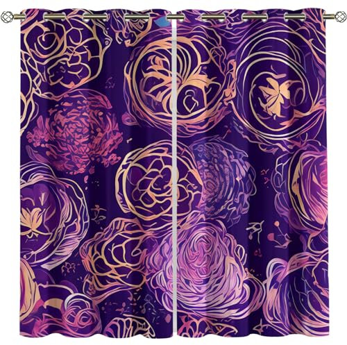Kinder Gardinen Kinderzimmer Junge Mädchen Blickdicht Lila Luxus Kunst Schöne Blumen 140X160Cm 2Er Set Verdunkelungsvorhang Thermovorhang Hitzeschutz Vorhänge Wohnzimmer Schlafzimmer Vorhänge Mit Ö