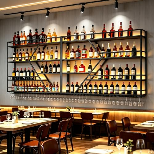 Portabottiglie da parete, Porta Bottiglie Di Vino in metallo,portabottiglie da bar galleggiante a forma di diamante, per la casa, Espositore Creativo Per Vino Da Parete (Nero, 4 livelli-200cm)