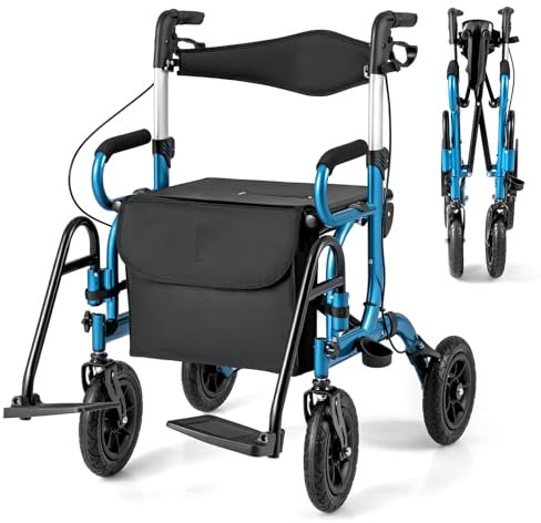COSTWAY Déambulateur Tout-Terrain à 4 Roues avec Siège, Combiné Déambulateur et Fauteuil Roulant 2-en-1 avec Pneus Pneumatiques de 23 cm Hauteur Réglable, Rollator Charge 140KG (Bleu)