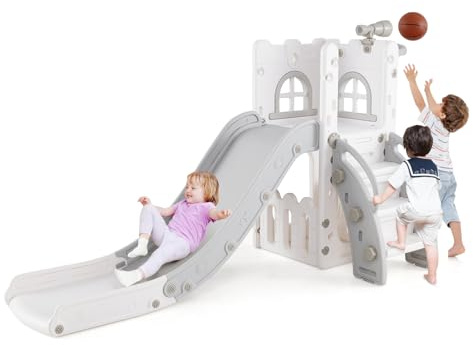 COSTWAY 6 en 1 Toboggan Enfant en HDPE avec Panier de Basket & Télescope, Aire de Jeux Intérieure avec Échelle & Espace de Rangement, Cadeaux pour Garçons et Filles de 12 Mois+ (Gris+Blanc)