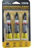 Sekundenkleber NASS, Hochqualitativer Klebstoff, 3er Set 3x3g, Universalkleber für Plastik, Gummi, Glas, Holz, Metall, Keramik, Leder und Textilien
