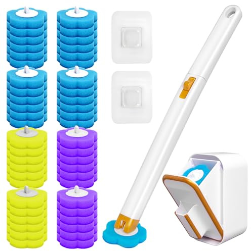 Disposable Toilet Brush with 48 Cleaner Refills, Toilet Brush Disposable with Wall Mounted Holder and Extended Handle for Showers and Bathroom Cleaning