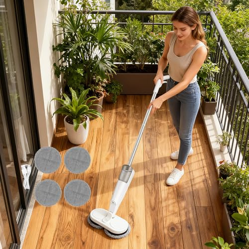 Kabelloses Elektrisches Wischmopp-Set mit Rotationsfunktion - Doppel-Rotations Wassersprühfunktion, 200ml Abnehmbarer Wassertank für Holz-, Fliesen- & Mehrflächenböden, Handheld-Polier-Scheuergerät