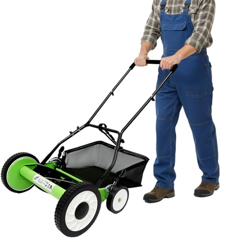 Spindelmäher Handrasenmäher 40cm, Lawn Mower mit 5 Klingen Manuell Höhenverstellbar 9 Stufen Auffangkorb 44L, Sichelmäher für Garten Rasen bis 500m² Umweltfreundlich Leise