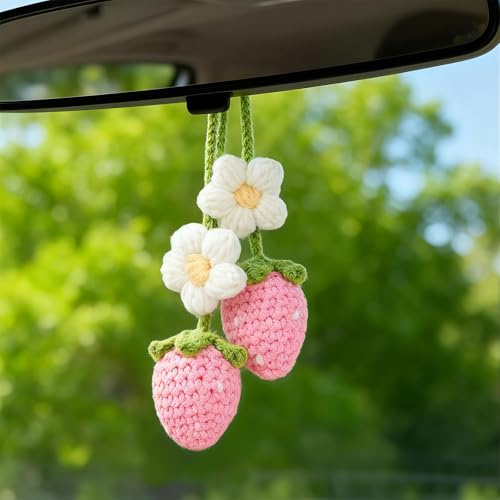 Zimocepuz Häkeln Auto Zubehör,Gehäkelte Autoaccessoires,Kawaii Rückspiegel Hängeaccessoires,Handgemachte Autoanhänger für Frauen&Mädchen,Süße Auto Dekorationen