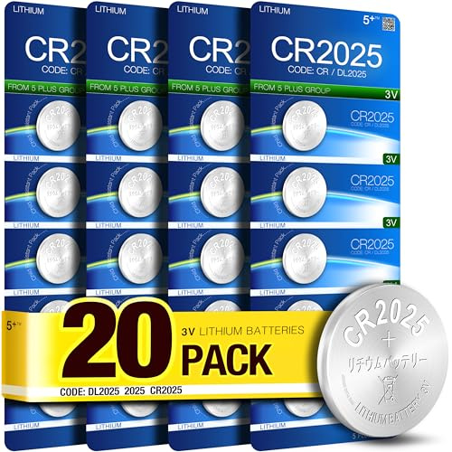 CR2025 Battery 3V Lithium Coin Cell (20 Pack), DL2025, ECR2025, BR2025 Compatible, Long Lasting Button Batteries for Car Key Fobs, Watches, Scales & Small Electronics