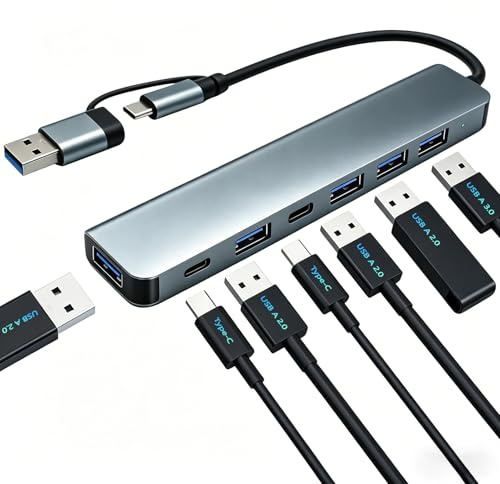 Auravale Hub USB 7 en 1 Doble Conector USB-A USB-C Velocidad 5Gbps USB 3.0 | Adaptador Multipuerto con 4 USB 2.0 y 2 Puertos Datos Tipo C para MacBook Air Portátiles iPad Windows PC Tabletas Teléfonos