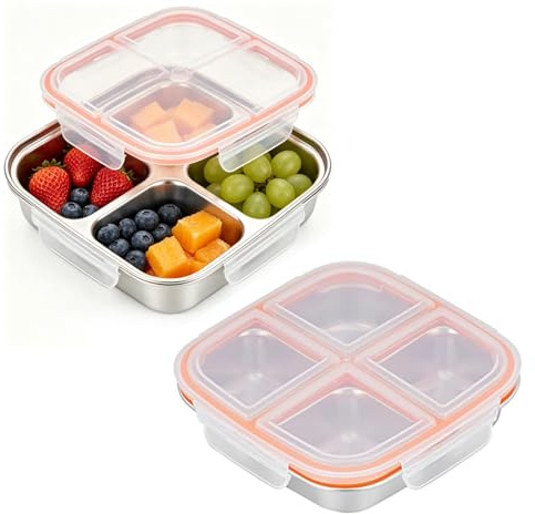 AXVRAV 2 Stück Snackbox mit 4 Fächern, 600ML Edelstahl Leckdichte Bento Box mit Deckel, Wiederverwendbare Brotdose Snackdose für Kinder & Erwachsene, Meal Prep Lunchbox für Schule Arbeit und Camping