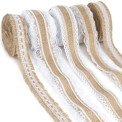 WeddingTree Juteband mit Spitze 10 m 5 Rollen mit 30 Stecknadeln | Fünf Spitzenmuster, Breiten 2,5 bis 6 cm, zuschneidbar