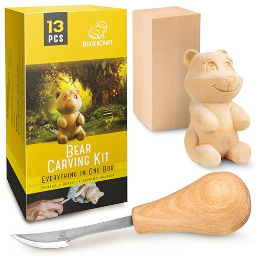 BeaverCraft Holzschnitzset für Anfänger DIY 05 Schnitzmesser Set Bärenschnitzset - Messer für Holzschnitzen und Schnitzrohling - Holzschnitzwerkzeug Set für Kinder und Erwachsene - Schnitzprojekt