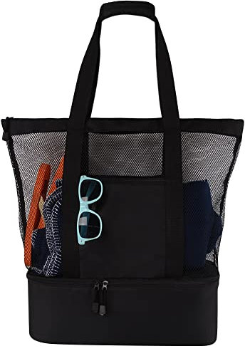 URFEDA Strandtasche Reisetasche Netztasche Picknicktaschen mit Wasserdichter Kühlfach Draussen Grocery Organizer Spielzeugaufbewahrung Reißverschluss Schultertasche für Familie Urlaub Einkauf Strand