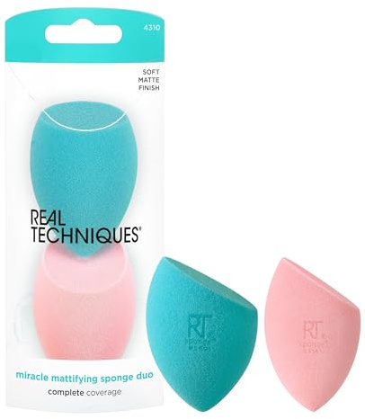 Real Techniques Miracle Mattifying Makeup Sponge Duo, Matte Finish, Cloud Skin, Full Coverage Foundation & Powder Makeup Blending Sponges for Oily Skin, Cruelty & Latex Free Foam, 2 Count | Vollständige Abdeckung, matter Look mit Make-up-Schwämmen zum Mischen, Puderschwamm, Flüssigkeit und Creme und losem Puder
