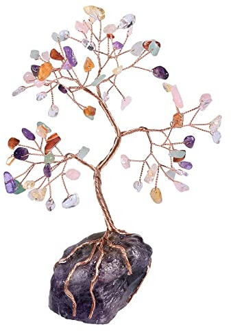 KYEYGWO Mischstein Heilung Kristall Geldbaum auf Natürlichen Amethyst Rohstein Base, Feng Shui Bonsai Baum Kristallbaum Figuren Stein Ornament Edelsteinbaum Haus Deko für Glück, Reichtum