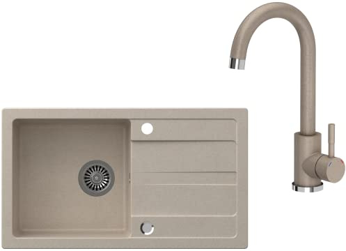 VBChome Spülbecken mit Armatur Beige 77x44 cm - Granit Einbauspüle mit Einzelbecken und Abtropffläche - Reversibel - Gesprenkelt - Inkl. Küchenarmatur und Siphon