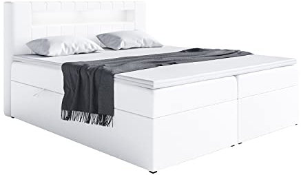 MEBLINI Boxspringbett mit Bettkasten - Bett mit LED Kopfteil - Gepolstert Doppelbett mit Matratze und Topper - Polsterbett mit Stauraum - Stauraumbett - ASPIN - 120x200 - H3/Weiß Kunstleder