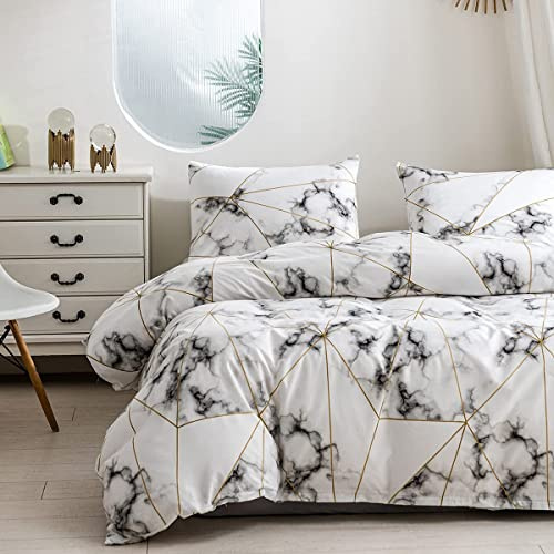 Housse de Couette 140x190 Blanc et Gris Doré Marbre Adulte Sets de Housse de Couette Ensemble Literie Modern Géométrique Parure Linge de Lit avec Fermeture éclair et 1x 65x65cm Taie d'oreiller