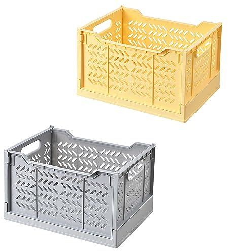 Spesh 2 cajas de almacenamiento plegables grandes, cestas de almacenamiento apilables de plástico, cajas plegables para cocina, sala de estar, dormitorio (gris + amarillo)
