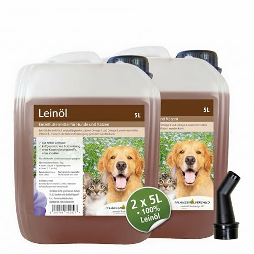 Leinöl für Hund & Katze, kaltgepresst, 100% rein ohne Zusätze, 2 x 5 l | Erstpressung, Einzelfuttermittel, Futteröl für BARF & Trocken-/Nassfutter, inkl. Ausgießer, Vorratspackung