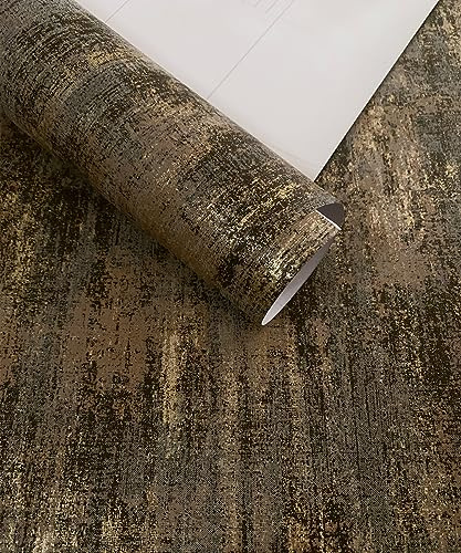 17.7x 236.0 Metallic Texture Distressed Wallpaper in Charcoal and Gold Self Adhesive Industrial Wall Sticker for DIY Decor Peel and Stick Wallpaper