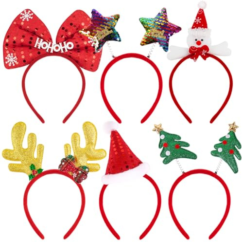 6 Stücke Glitzer Weihnachten Haarreif,Neuheit Xmas Weihnachtsfeier Kopfschmuck Set,Weihnachtsbaum Santa Hut Rentier Geweih Schneemann Bögen Pailletten Sterne Haarreifen Party für Kinder Erwachsene